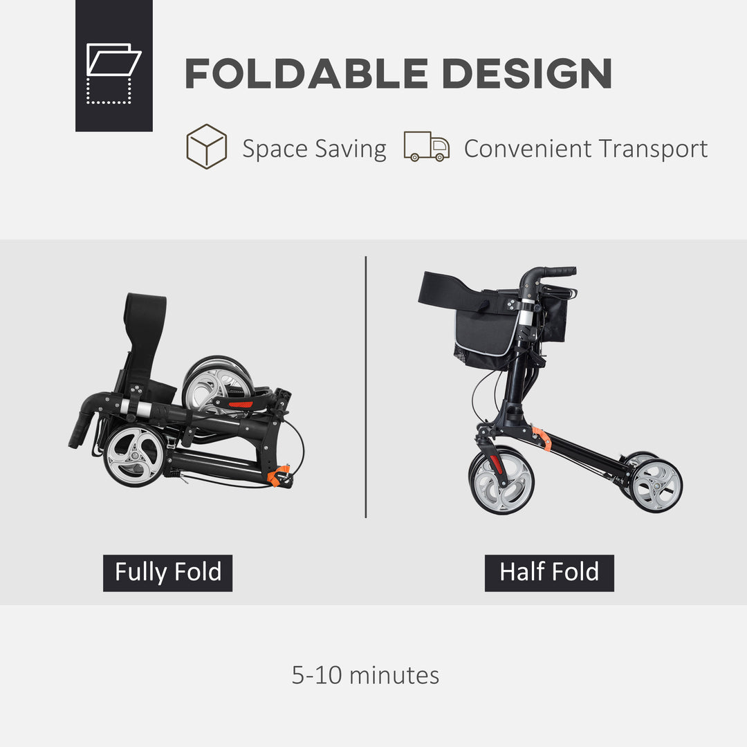 HOMCOM Lightweight Folding Rolling Walker with Large Seat, Back, Adjustable Handle, Bag, Dual Brake, Cane Holder, Red