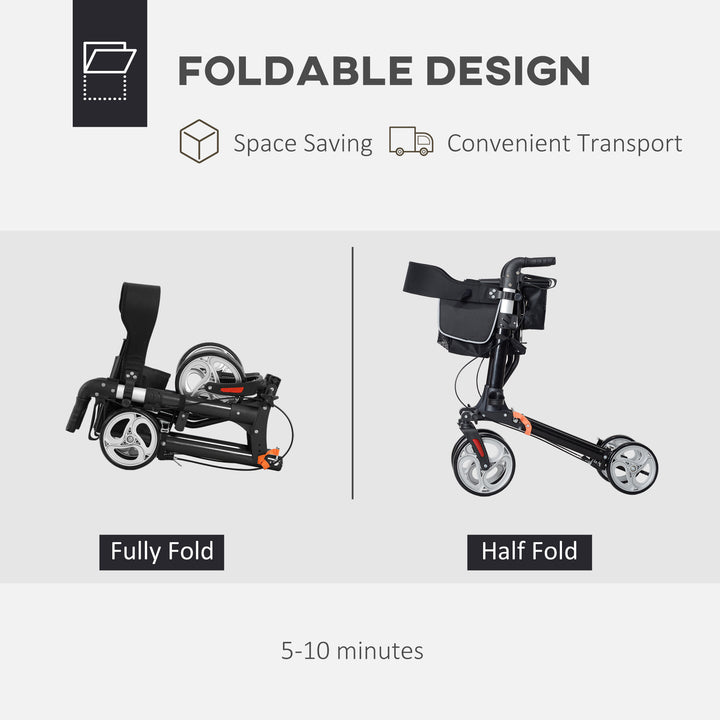 HOMCOM Lightweight Folding Rolling Walker with Large Seat, Back, Adjustable Handle, Bag, Dual Brake, Cane Holder, Red