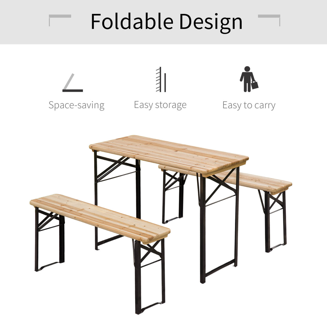 Outsunny 3 Pieces Folding Picnic Table Set, Portable Folding Picnic Table and Benches with Steel Frame for Garden, Park, Natural Wood