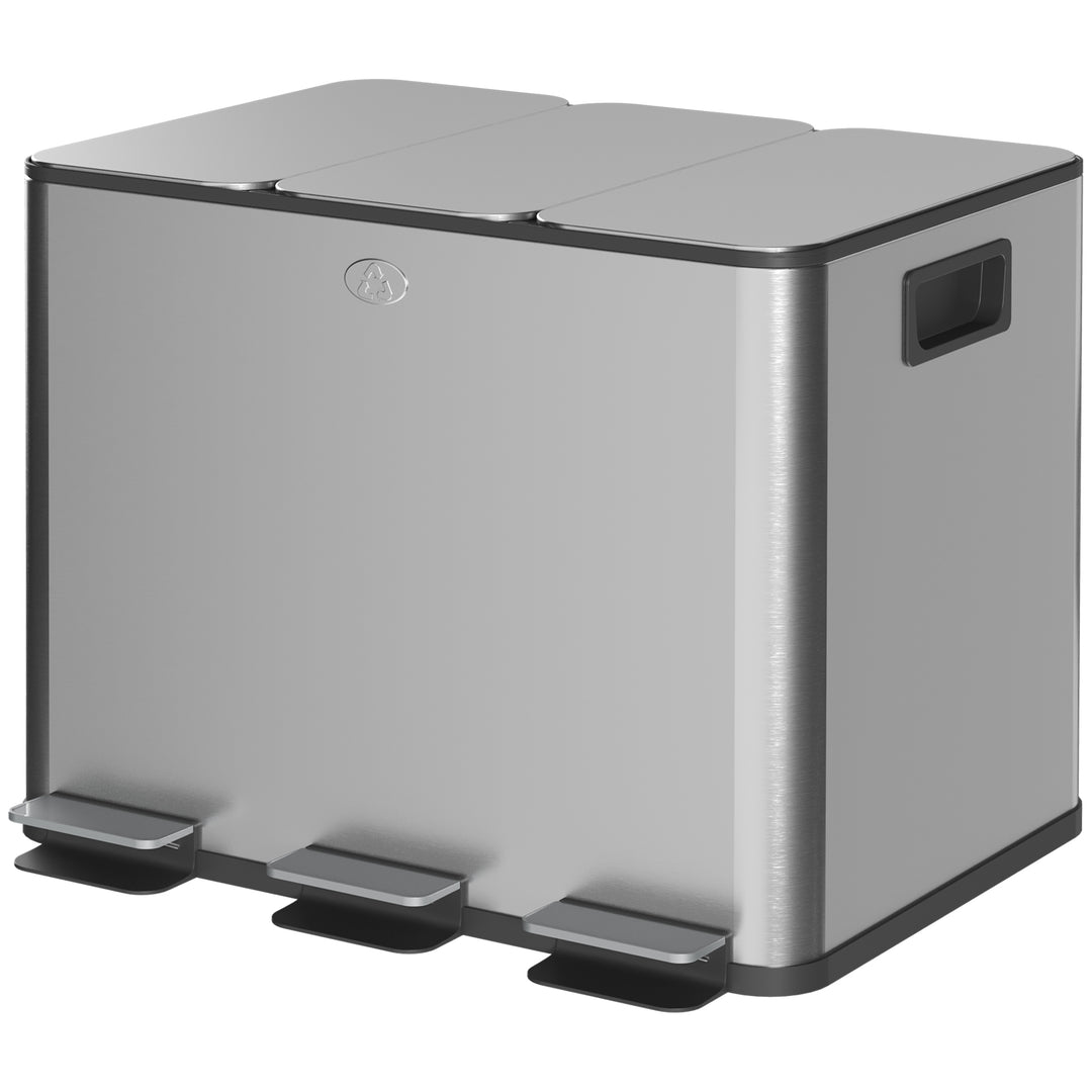 HOMCOM Triple Garbage Bin, Soft-Close Trash Can with Foot Pedal, 3 x 20 Liter Garbage Can with Removable Inner Buckets, Silver