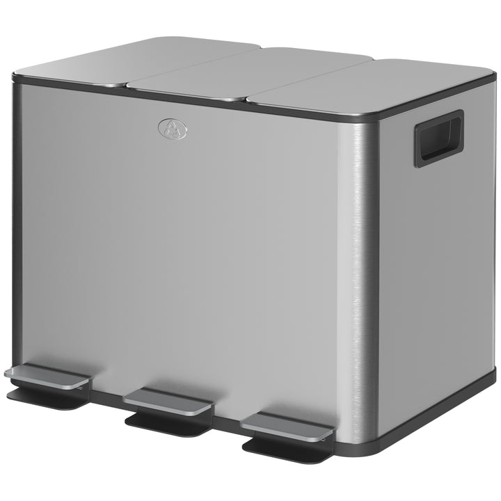 HOMCOM Triple Garbage Bin, Soft-Close Trash Can with Foot Pedal, 3 x 20 Liter Garbage Can with Removable Inner Buckets, Silver