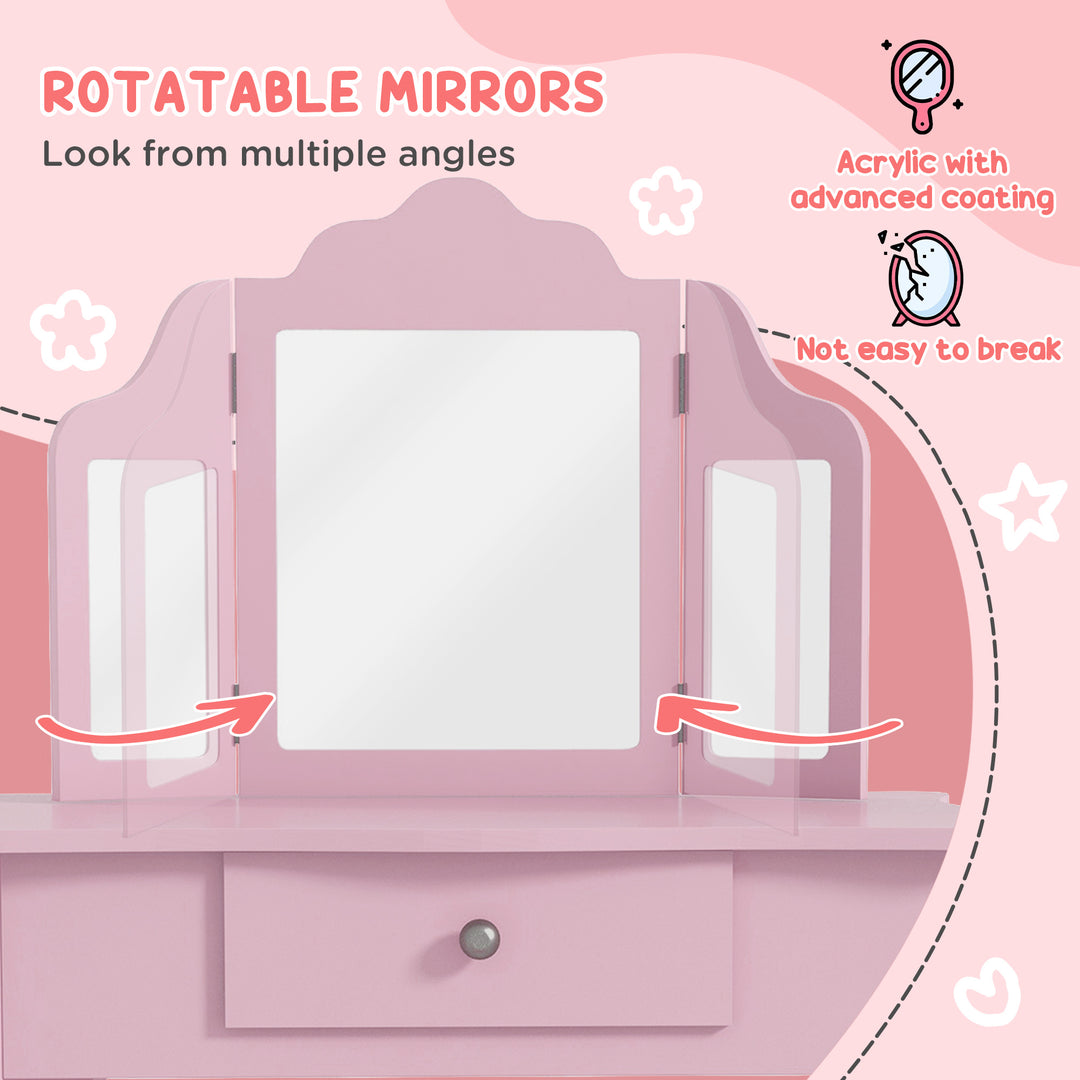 Qaba Kids Vanity Table and Stool, Makeup Vanity Girls Dressing Table Set with Tri-folding Mirrors Drawer Star and Heart Pattern, White