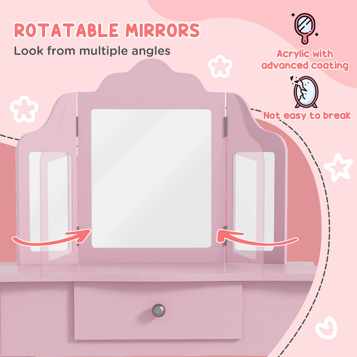 Qaba Kids Vanity Table and Stool, Makeup Vanity Girls Dressing Table Set with Tri-folding Mirrors Drawer Star and Heart Pattern, White