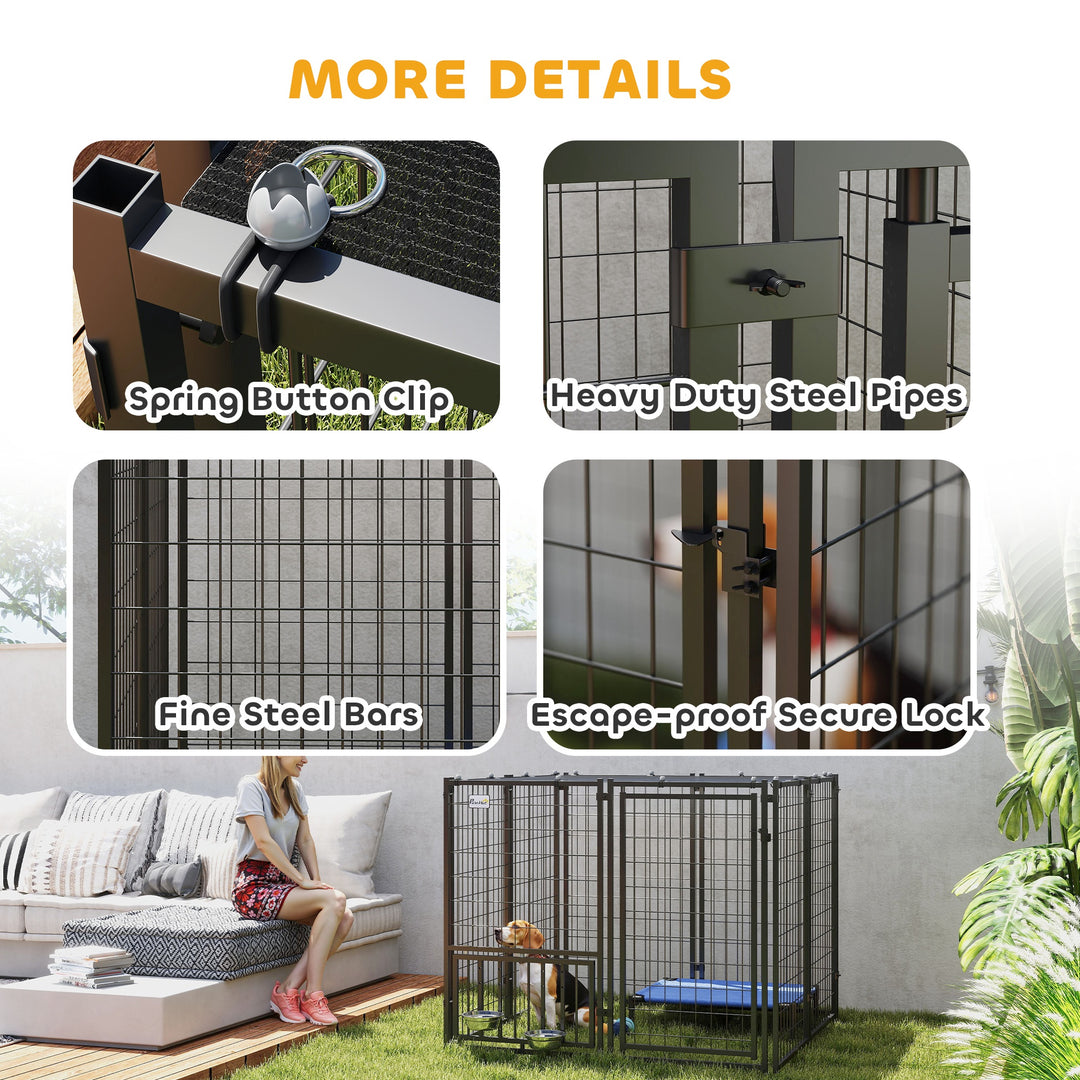 PawHut Outdoor Dog Run with Adjustable & Rotatable Dog Bowls, Sun-Shade Cover, for Small and Medium Dogs, 4.6' x 4.6' x 3.7'