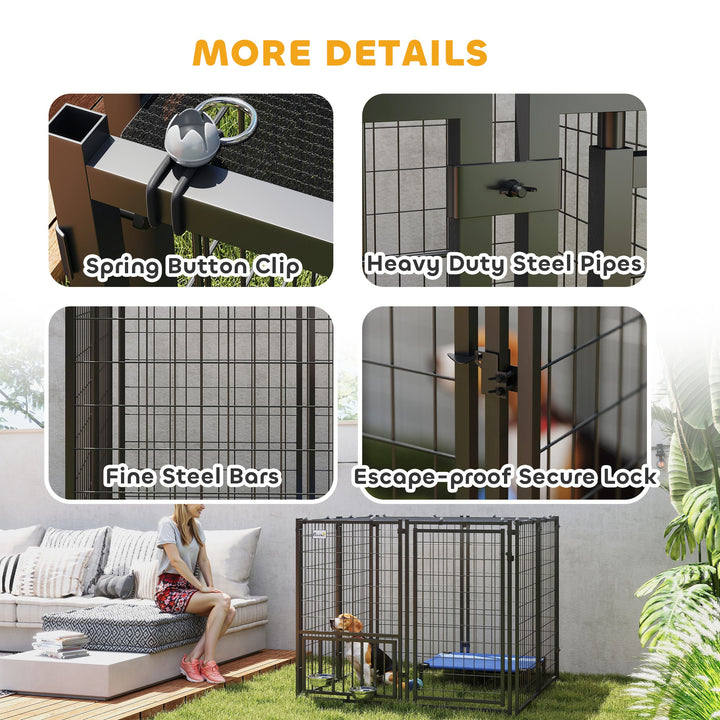 PawHut Outdoor Dog Run with Adjustable & Rotatable Dog Bowls, Sun-Shade Cover, for Small and Medium Dogs, 4.6' x 4.6' x 3.7'