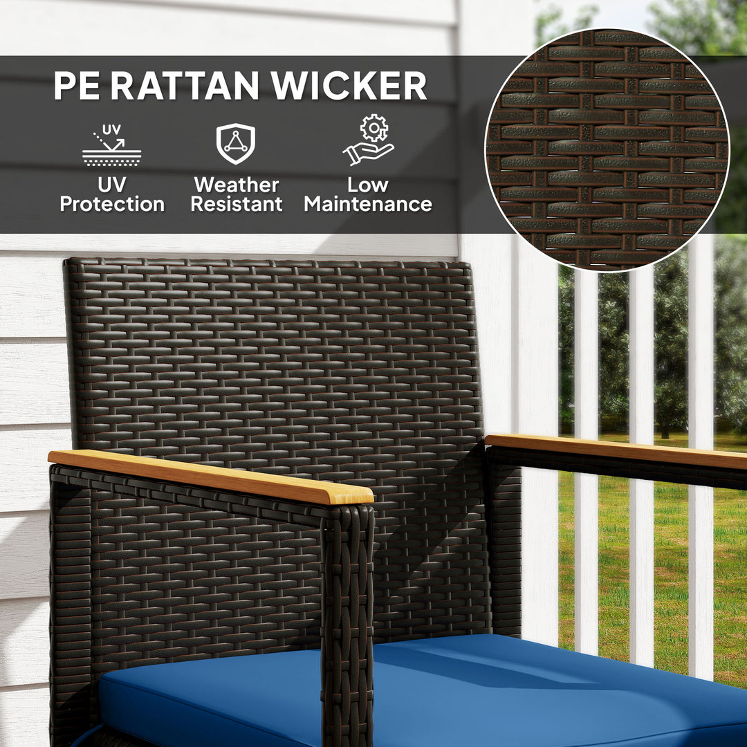 Outsunny 3 Pieces Wicker Patio Furniture Set, Rattan Bistro Set w/ Acacia Wood Table & Removable Cushions, Dark Blue