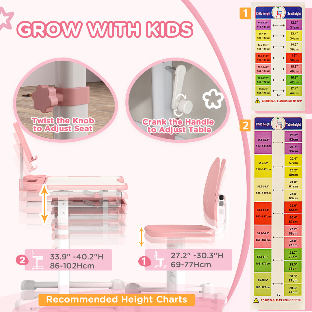 Qaba Height Adjustable Kids Desk and Chair Set with Tilt Desktop, Large Writing Board, Storage Drawer, Book Stand, Blue