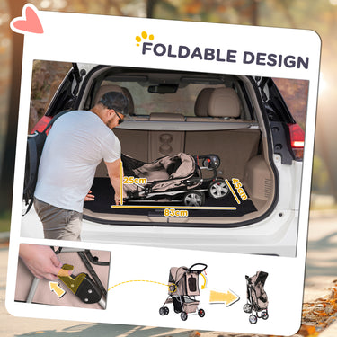 PawHut 4 Wheel Dog Pet Stroller Dog Cat Carrier Folding Sunshade Canopy with Brake, Safety Leash, Cup Holder, Brown