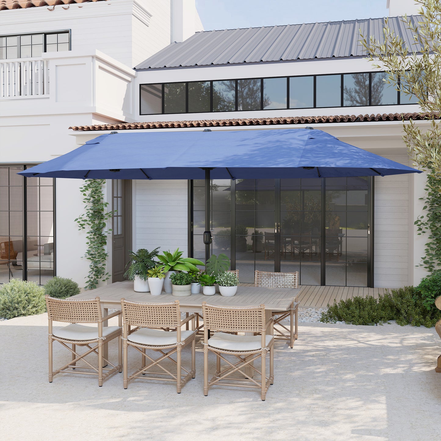 Outsunny 15ft Double-sided Patio Umbrella with Twin Canopy, Extra Large Outdoor Parasol with Crank for Pool, Deck, Market, Blue