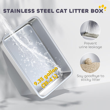 PawHut Stainless Steel Cat Litter Box with Lid, High Sided, Scoop, Easy Clean, Non-Sticky & Anti-Leakage, Light Grey