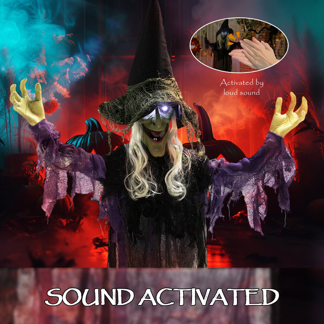 Outsunny Life Size Halloween Animated Hanging Witch with Glowing LED Eyes, Scary Halloween Decorations, Battery Operated