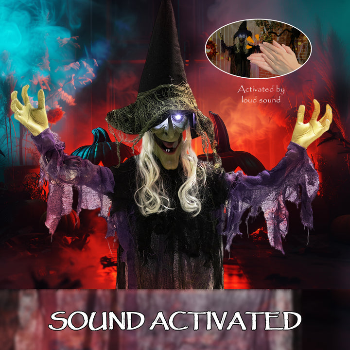 Outsunny Life Size Halloween Animated Hanging Witch with Glowing LED Eyes, Scary Halloween Decorations, Battery Operated