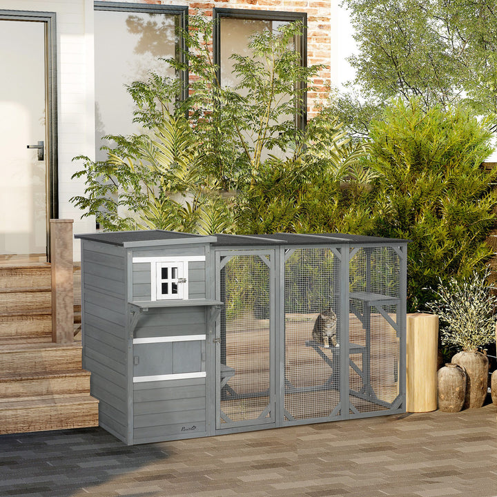 PawHut Wooden Cat Catio, 76"L Walk in Outdoor Cat House with Asphalt Roof, Platforms, Lockable Doors, 3-tier Resting Condo, Observation Window, for 2-3 Cats, Light Grey