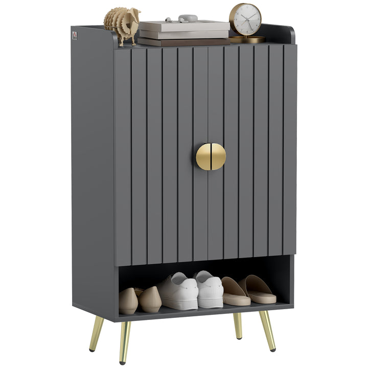 HOMCOM Entryway Shoe Storage Cabinet, Narrow Shoe Cabinet with Adjustable Shelves and Open Shelf for 15 Pairs of Shoes, Grey