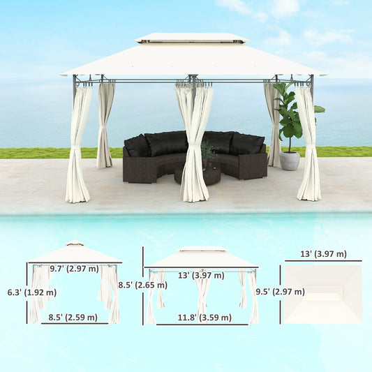 Outsunny 10'Â xÂ 13' Double Roof Patio Gazebo, Outdoor Gazebo with Curtains, for Garden, Lawn, Backyard and Deck, Cream White