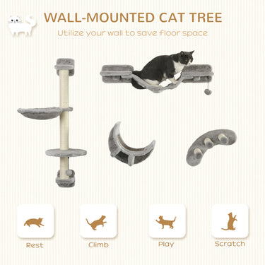 PawHut 4Pcs Cat Wall Shelf with Scratching Post, Cat Wall Shelves for Relaxing, Climbing, Cat Wall With Soft Ladder, Hammock, Play Balls, Grey