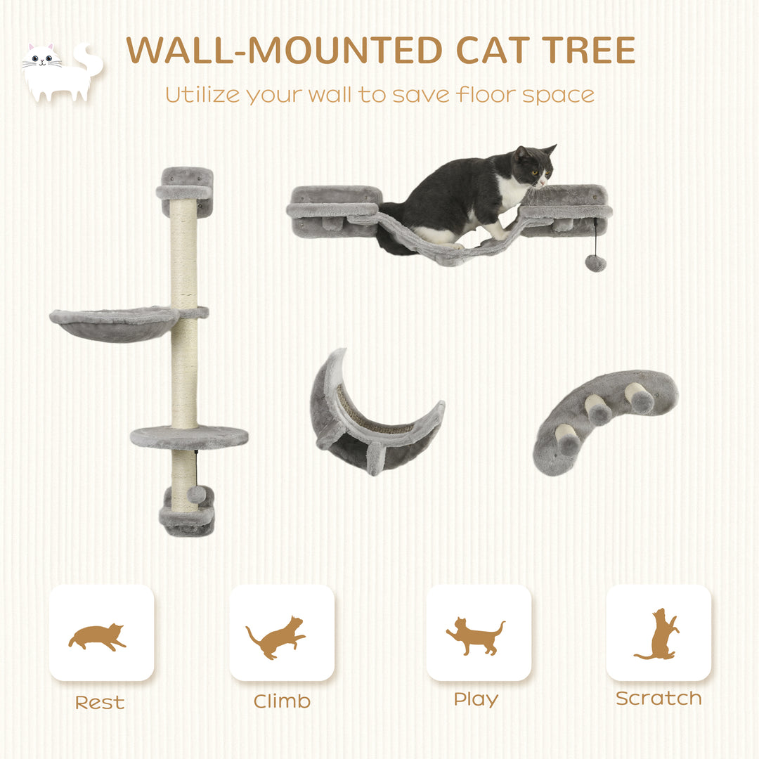 PawHut 4Pcs Cat Wall Shelf with Scratching Post, Cat Wall Shelves for Relaxing, Climbing, Cat Wall With Soft Ladder, Hammock, Play Balls, Grey