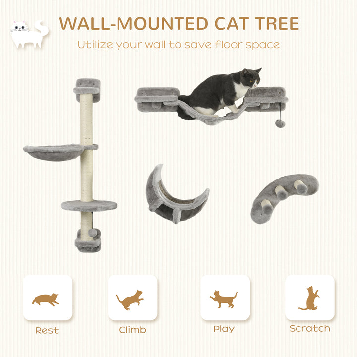 PawHut 4Pcs Cat Wall Shelf with Scratching Post, Cat Wall Shelves for Relaxing, Climbing, Cat Wall With Soft Ladder, Hammock, Play Balls, Grey
