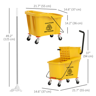 HOMCOM Mop Bucket with Wringer on Wheels for Floor Cleaning, 38 Quart Down Press Wringer with Handle, Yellow