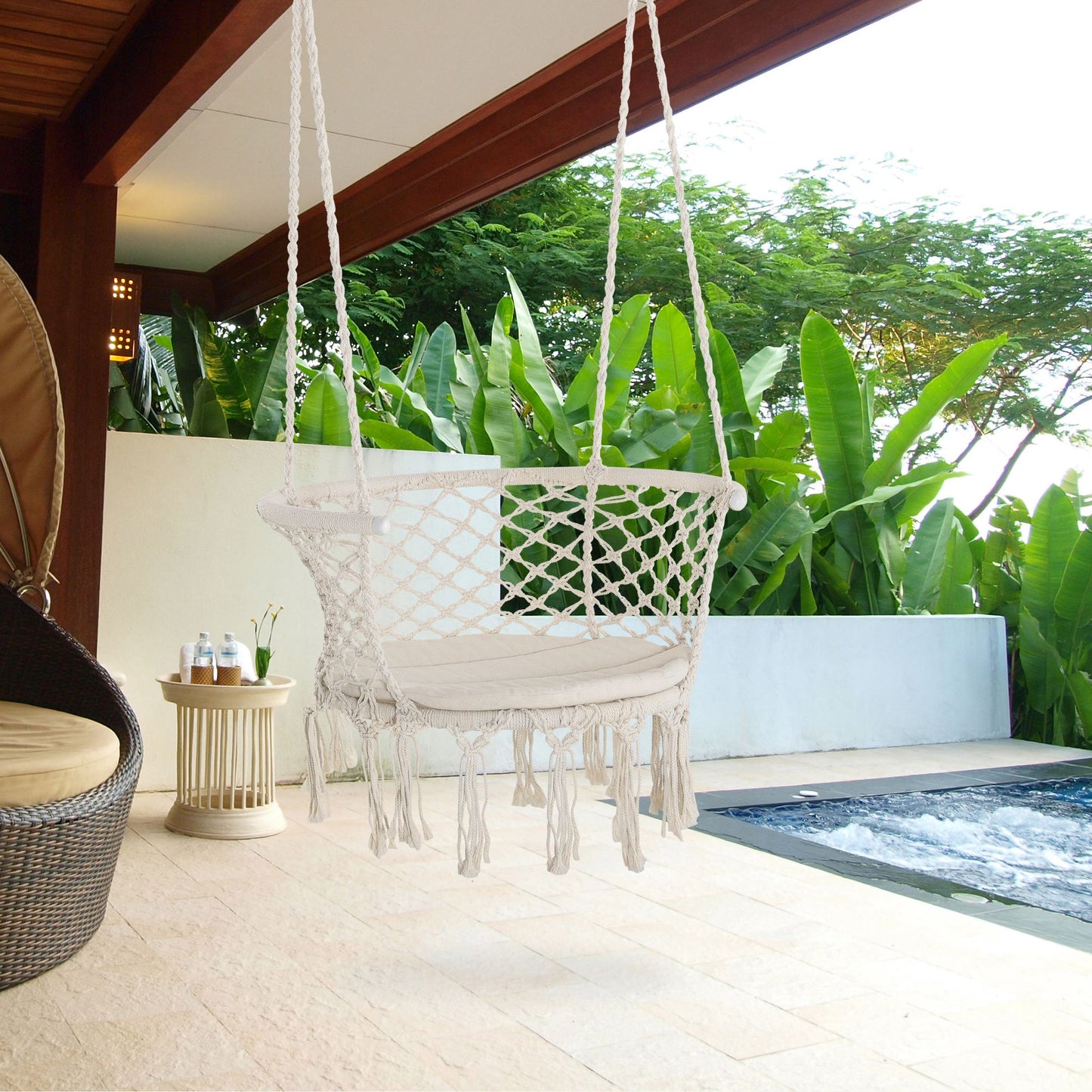 Outsunny Hanging Hammock Chair, Cotton Rope Porch Hammock Swing with Metal Frame and Cushion, Large Macrame Seat for Patio, Garden, Bedroom, Living Room,  Cream White