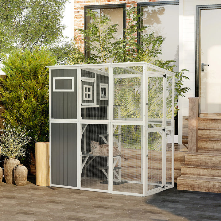 PawHut Wooden Cat Catio, 66.5"L Walk in Outdoor Cat House with PVC Weather Protection Roof, Multiple Platforms, Lockable Doors, Resting Condo, Observation Window, for 2 Cats