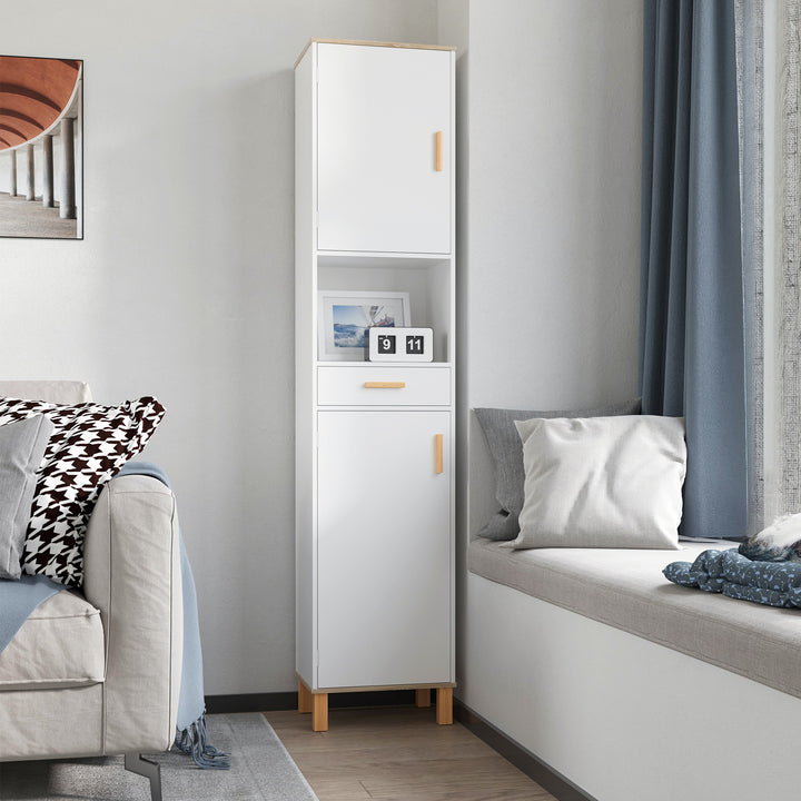 kleankin Bathroom Storage Cabinet with Cupboards and Drawer, Floor Free Standing Linen Tower, Tall Slim Side Organizer Shelves, White