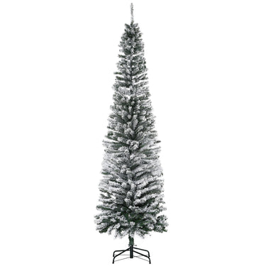 HOMCOM 7.5ft Flocked Christmas Tree, Pencil Christmas Tree with Realistic Branch Tips, Folding Metal Stand, Green