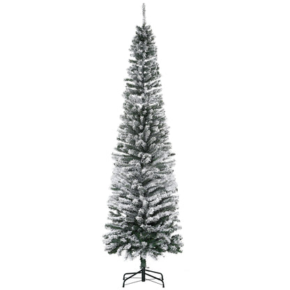 HOMCOM 7.5ft Flocked Christmas Tree, Pencil Christmas Tree with Realistic Branch Tips, Folding Metal Stand, Green