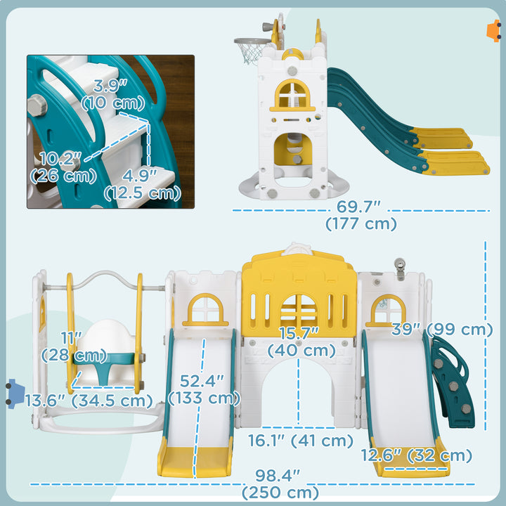 Qaba 8 in 1 Slide and Swing Set, Toddler Slide Set with Basketball Hoop, Climber, Steering Wheel, for Aged 1-3 Years, Yellow