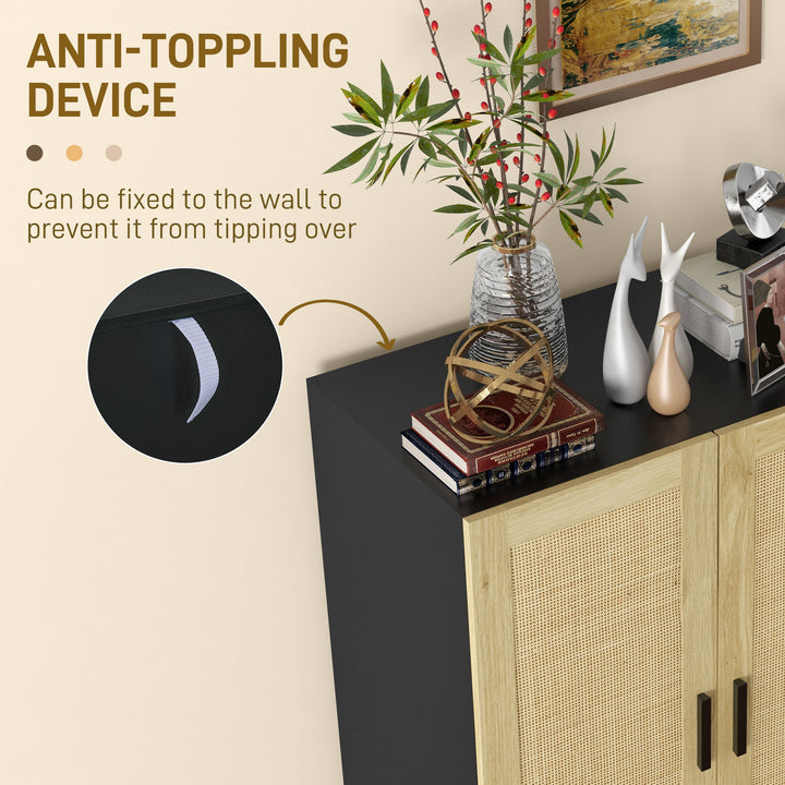 HOMCOM Boho Sideboard, Buffet Cabinet with Storage, Accent Cabinet with 2 Rattan Doors and Adjustable Shelves, Black