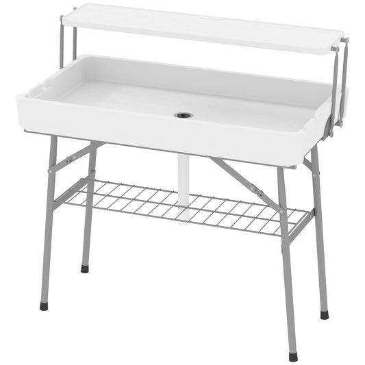 Outsunny 3.5ft Folding Ice Cooler Table with Drain, 2-Tier Outdoor Patio Party Cooler, Fishing Cleaning Table with Storage Shelf for Picnic BBQ Camping Wedding, White