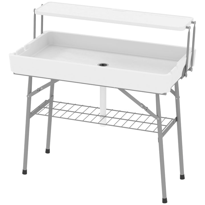 Outsunny 3.5ft Folding Ice Cooler Table with Drain, 2-Tier Outdoor Patio Party Cooler, Fishing Cleaning Table with Storage Shelf for Picnic BBQ Camping Wedding, White