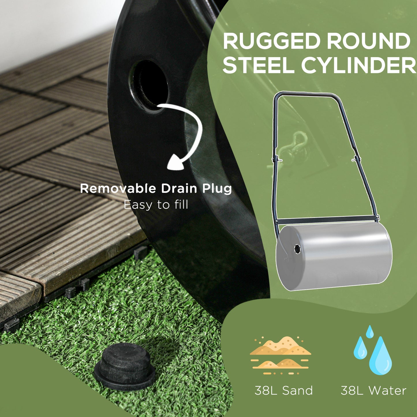 Outsunny 22" Push/Tow Behind Lawn Roller, Heavy Duty Sod Drum Roller Filled with 12 Gal Water/Sand, Grass Flattener for Yard, Patio, Park, Black
