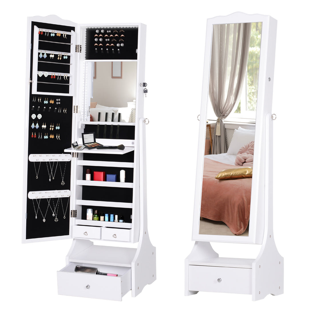 HOMCOM Standing Jewellery Cabinet Organizer Jewellery Armoire with LED Lights, Full Length Mirror, Adjustable Angle, White