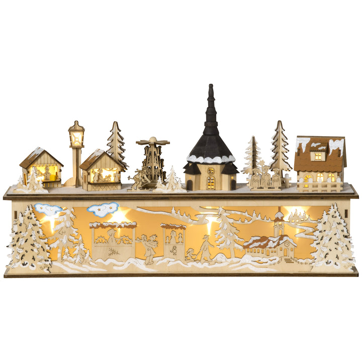 HOMCOM Desktop Christmas Decoration, Christmas Village Houses with Church, Windmill Battery Operated, Natural Wood