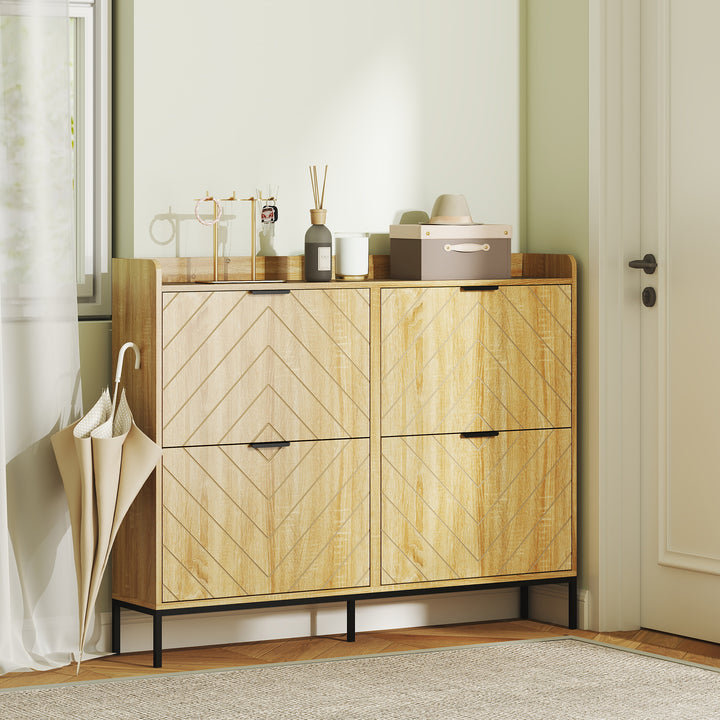 HOMCOM Narrow Shoe Storage Cabinet, Modern Slim Shoe Cabinet with 4 Flip Drawers, 16 Pairs of Shoes for Hallway, Entryway, Oak