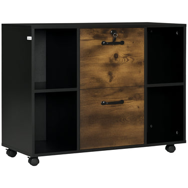 Vinsetto Lateral Filing Cabinet with Wheels and Lockable Drawer, File Cabinet, Mobile Printer Stand with Open Shelves for Letter and A4 Size Documents, Rustic Brown
