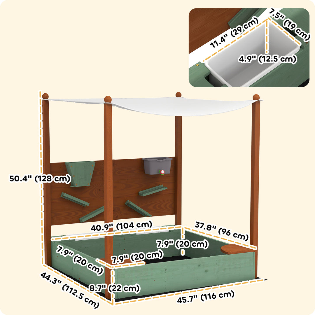 Qaba Kids Sandbox with Full Covered Canopy, Bench Seats, Bottom Liner, for Ages 3-6, 56" x 40" x 52", Brown