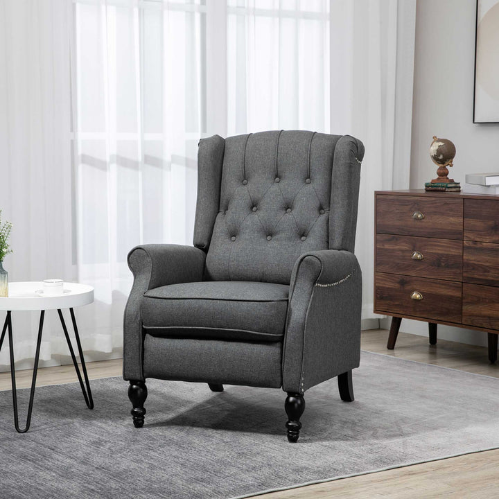 HOMCOM Wingback Reclining Chair with Footrest, Button Tufted Recliner Chair with Rolled Armrests for Living Room, Dark Grey