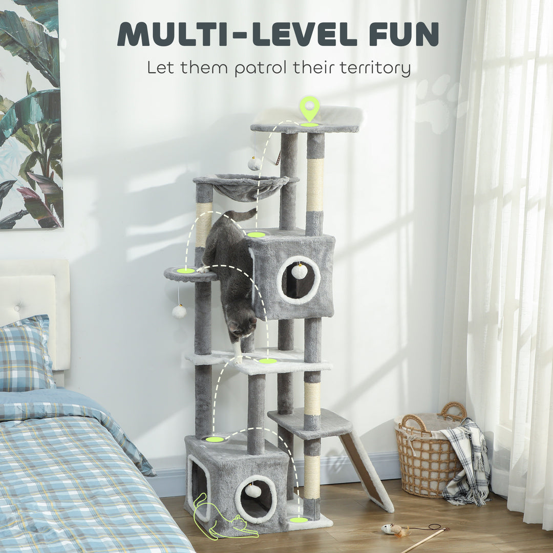 PawHut 65 Inch Cat Tree with 2 Doors Condos, Plush Top Perch, Hammock, Sisal Scratching Posts, 4 Pompoms, Ramp, White