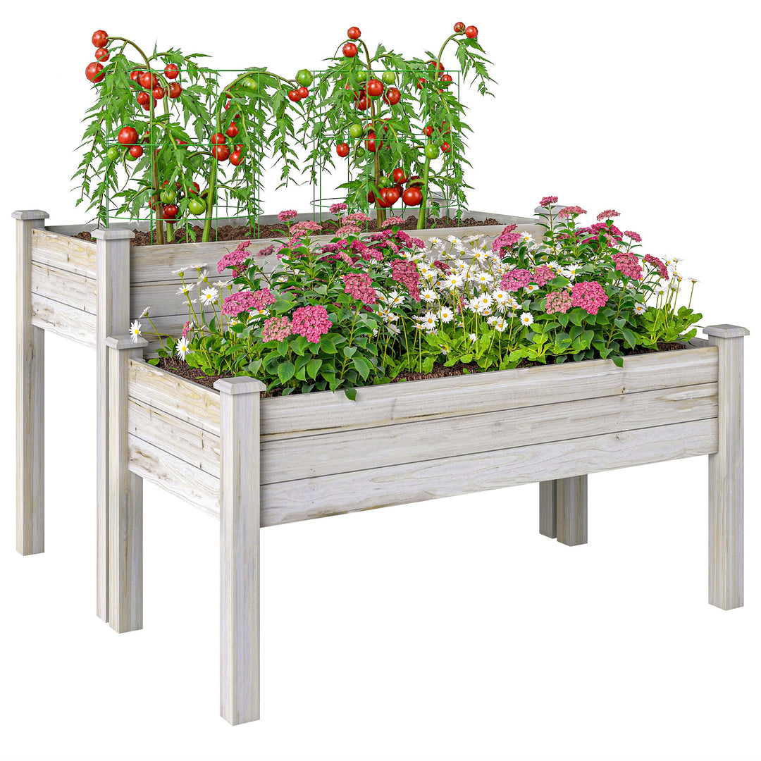 Outsunny 2 Tiers Wood Plant Raised Bed Flower Vegetable Herb Grow Box Stand Garden  Step Planter Stand Free Combination Natural