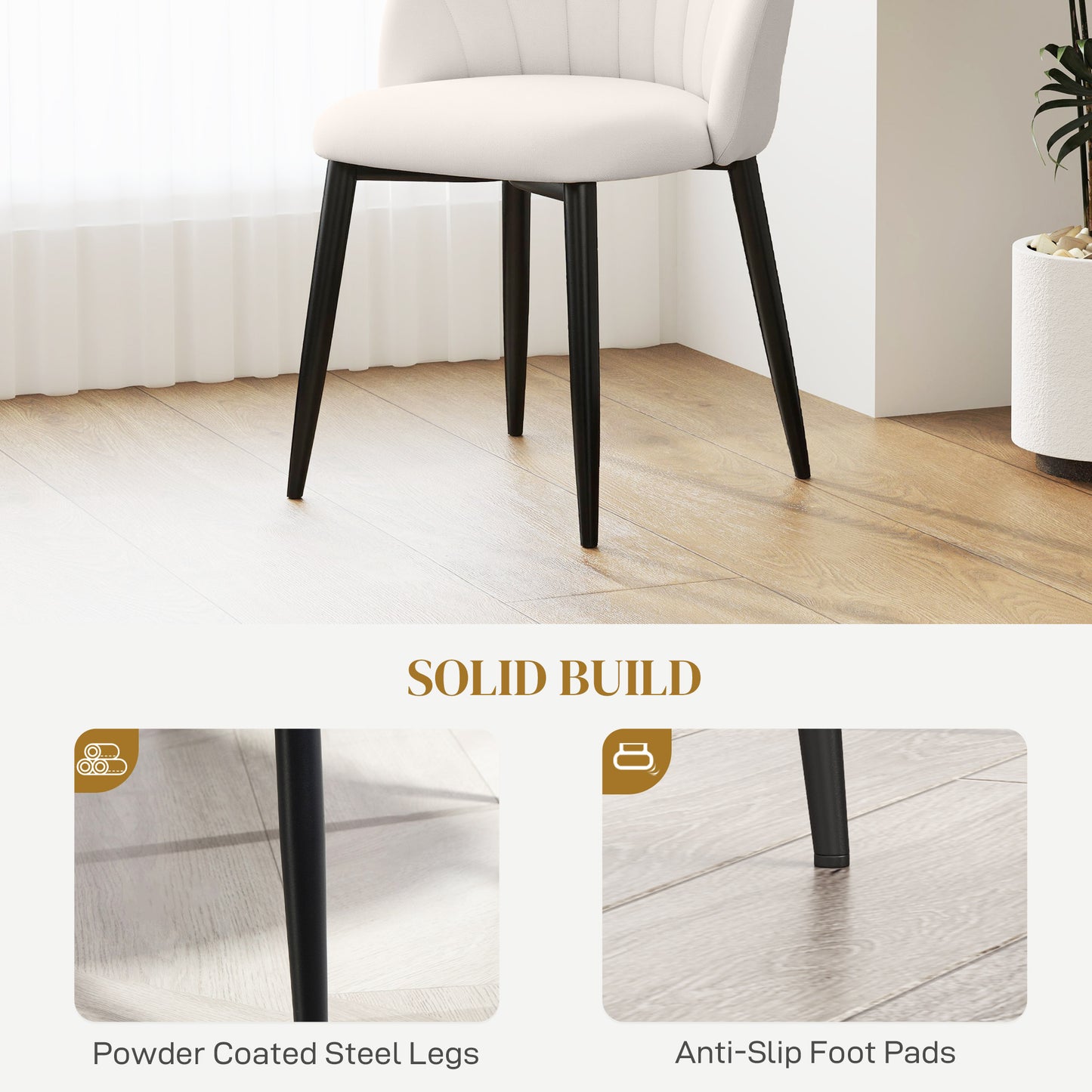 HOMCOM Modern Dining Chairs Set of 4, Upholstered Dining Room Chairs with Metal Legs, Shell Backrest, Padded Seat, Cream White