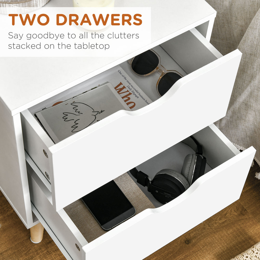 HOMCOM Modern Bedside Table, Nightstand with 2 Drawers and Pine Wood Legs for Bedroom, Living Room, White