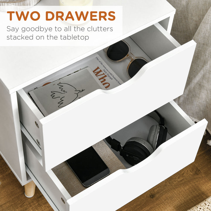 HOMCOM Modern Bedside Table, Nightstand with 2 Drawers and Pine Wood Legs for Bedroom, Living Room, White