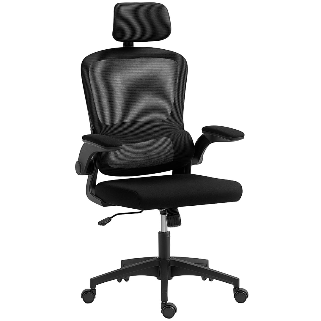 HOMCOM Ergonomic Mesh Office Chair, High Back Desk Chair with Rotatable Headrest, Flip-Up Armrests, Lumbar Support, Grey