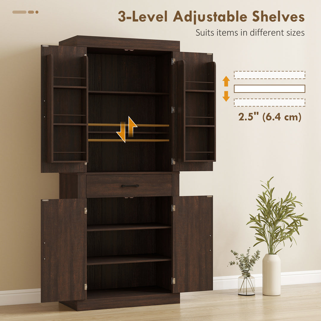 HOMCOM 72" Kitchen Pantry Cabinet, Farmhouse Kitchen Storage Cabinet with 4 Barn Doors, 6 Door Shelves, Drawer, Black