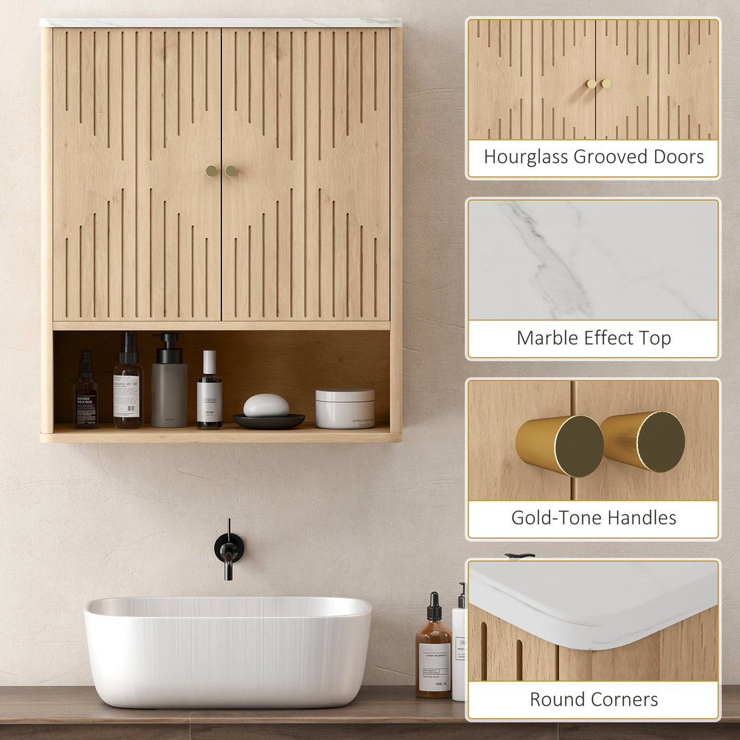 HOMCOM Bathroom Wall Cabinet, Wall-Mounted Medicine Cabinet with Adjustable Shelf, Open Shelf and Marble Effect Top, Oak