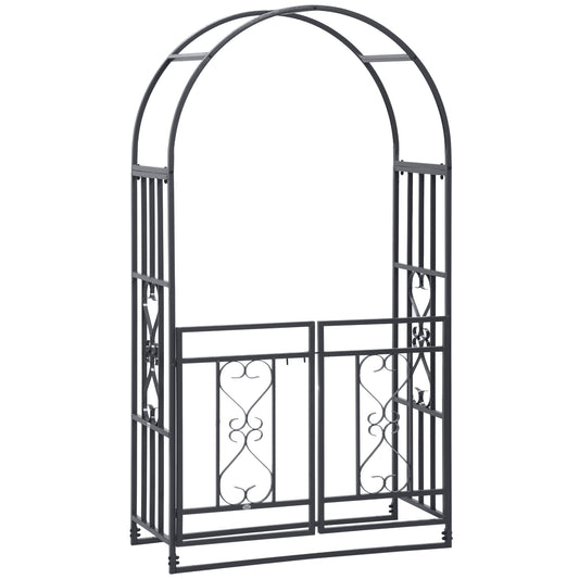 Outsunny 6.7 FT Steel Garden Arch with Gate Outdoor Courtyard Arbor for Climbing Vine Plants Lawn Backyard Decoration Dark Grey