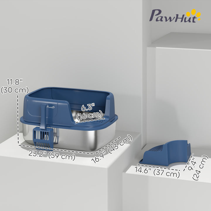 PawHut Stainless Steel Cat Litter Box, Cat Litter Box with High Side and Scoop, Anti-Leakage, Easy to Clean, Navy Blue