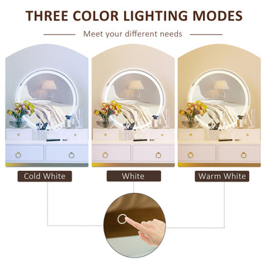 HOMCOM Makeup Vanity Table Set with 3-Color Touch Screen Dimmable Lighted Mirror, Dressing Desk with 4 Drawers and Cushioned Stool for Bedroom, White